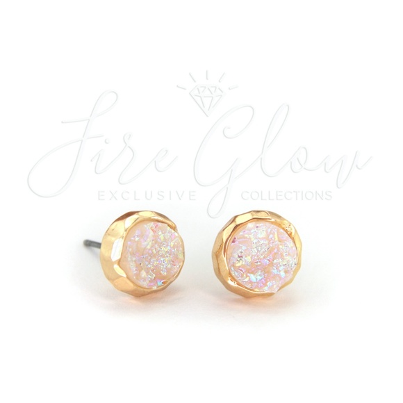 Iridescent Opal Druzy In Gold Tone Stud Earrings - Picture 4 of 8
